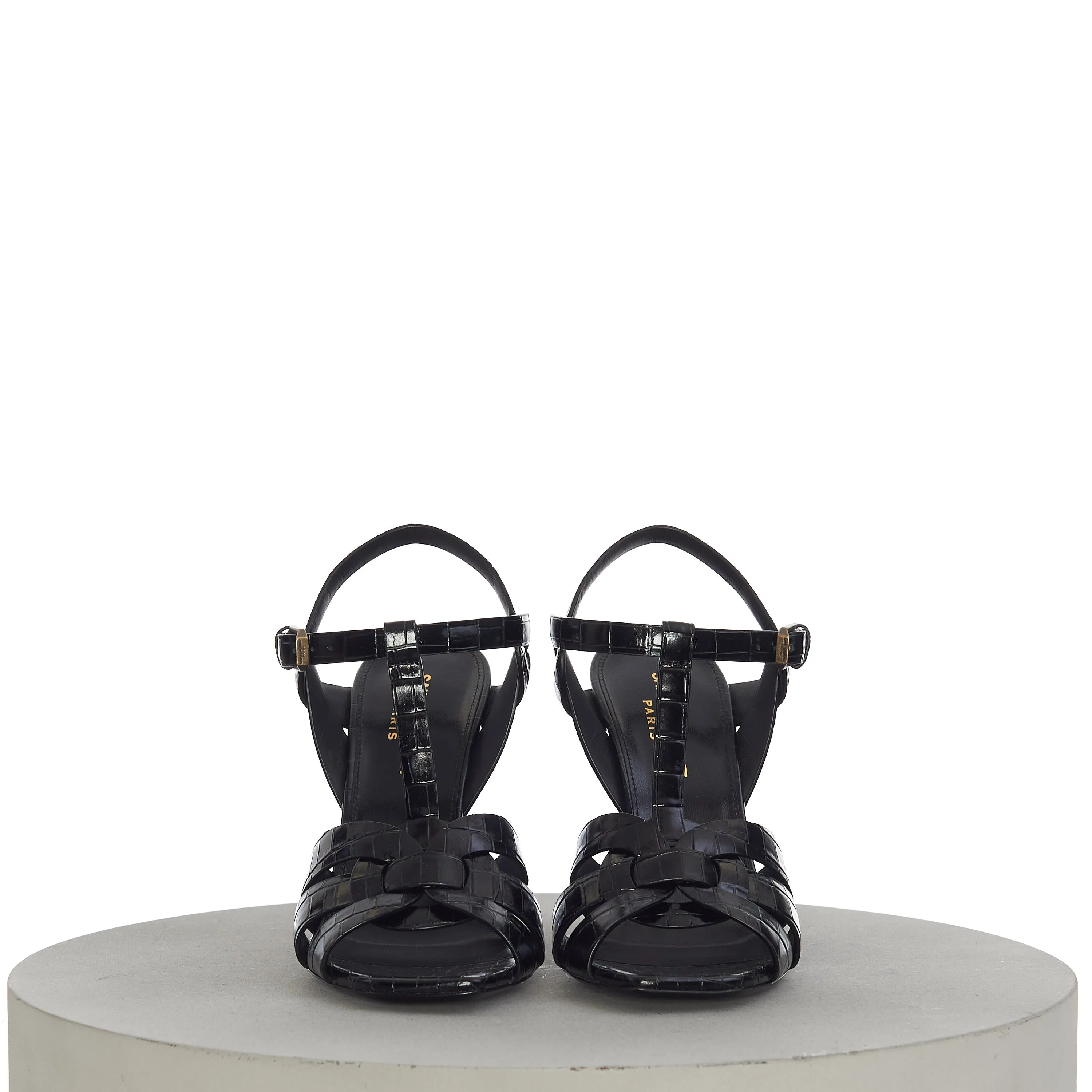 Tribute Sandals In Black Crocodile-Embossed Shiny Leather