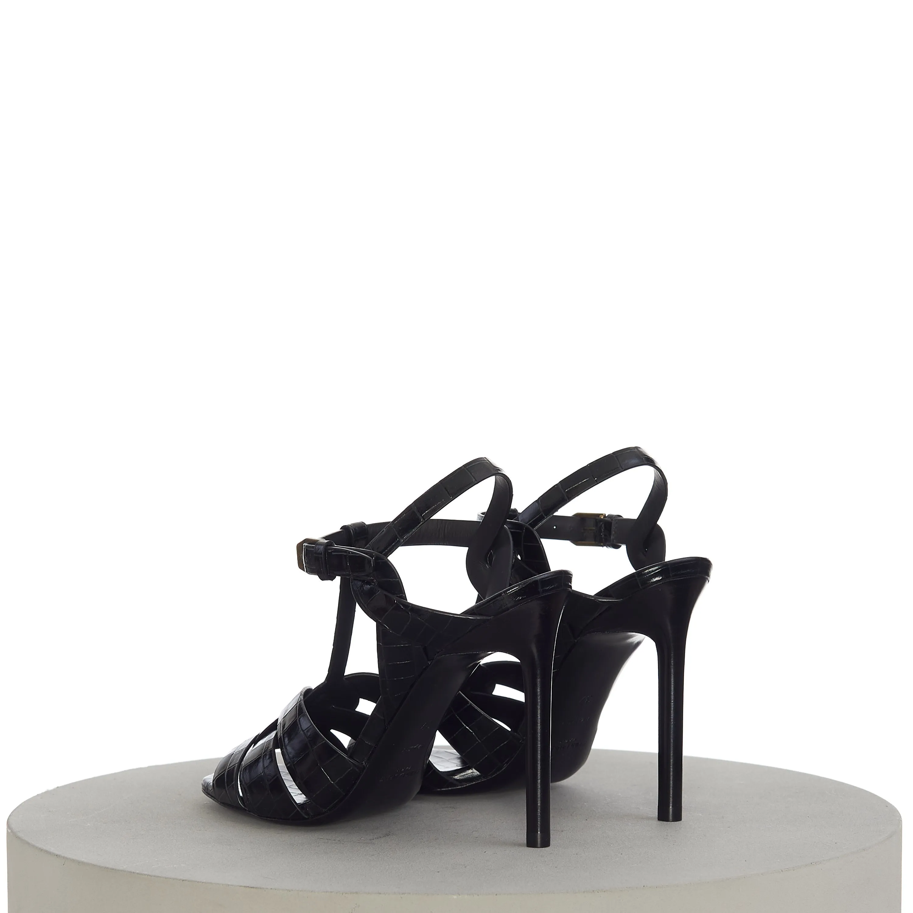 Tribute Sandals In Black Crocodile-Embossed Shiny Leather