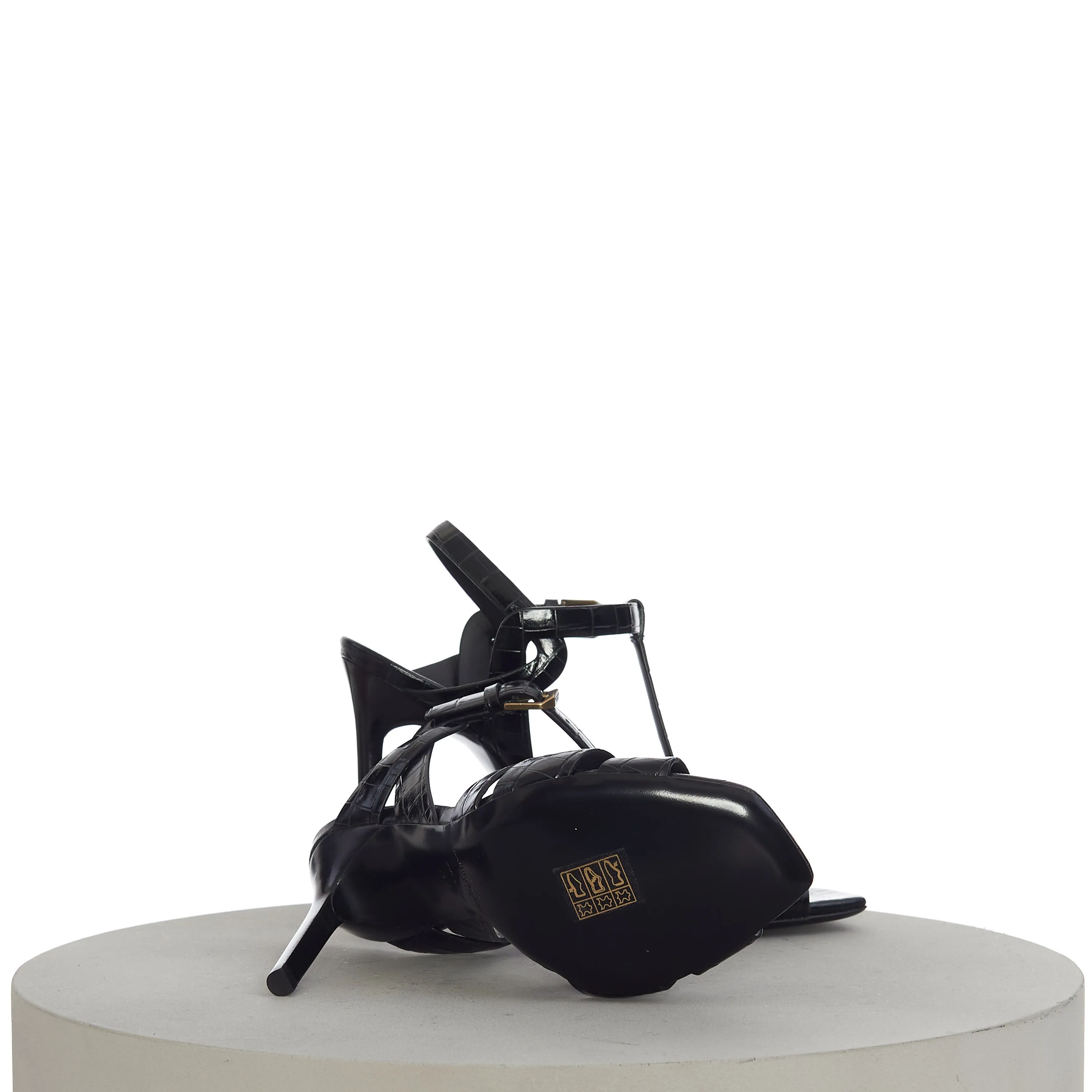 Tribute Sandals In Black Crocodile-Embossed Shiny Leather