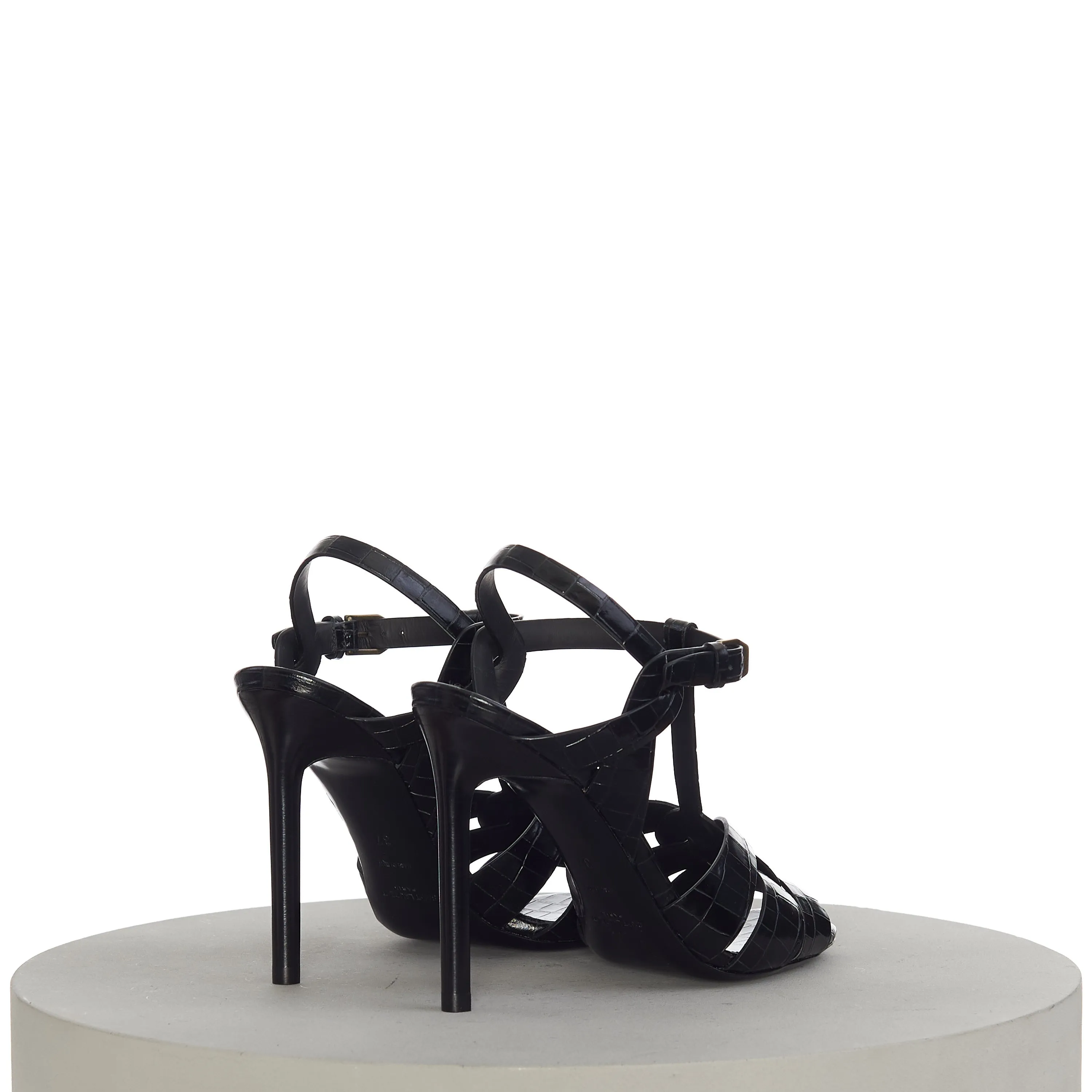 Tribute Sandals In Black Crocodile-Embossed Shiny Leather