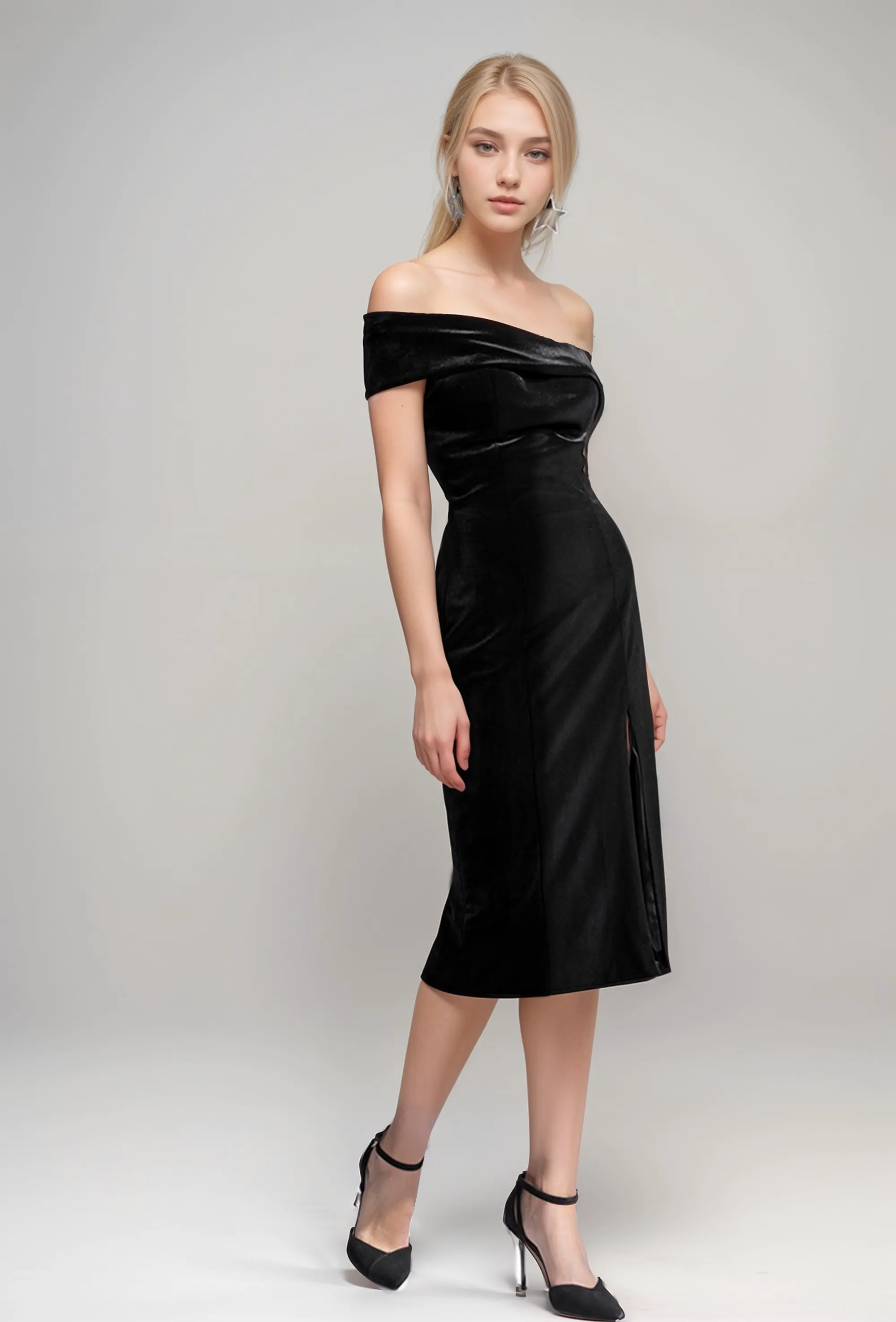 Velvet Asymmetrical Little Black Dress Knee length with Slit