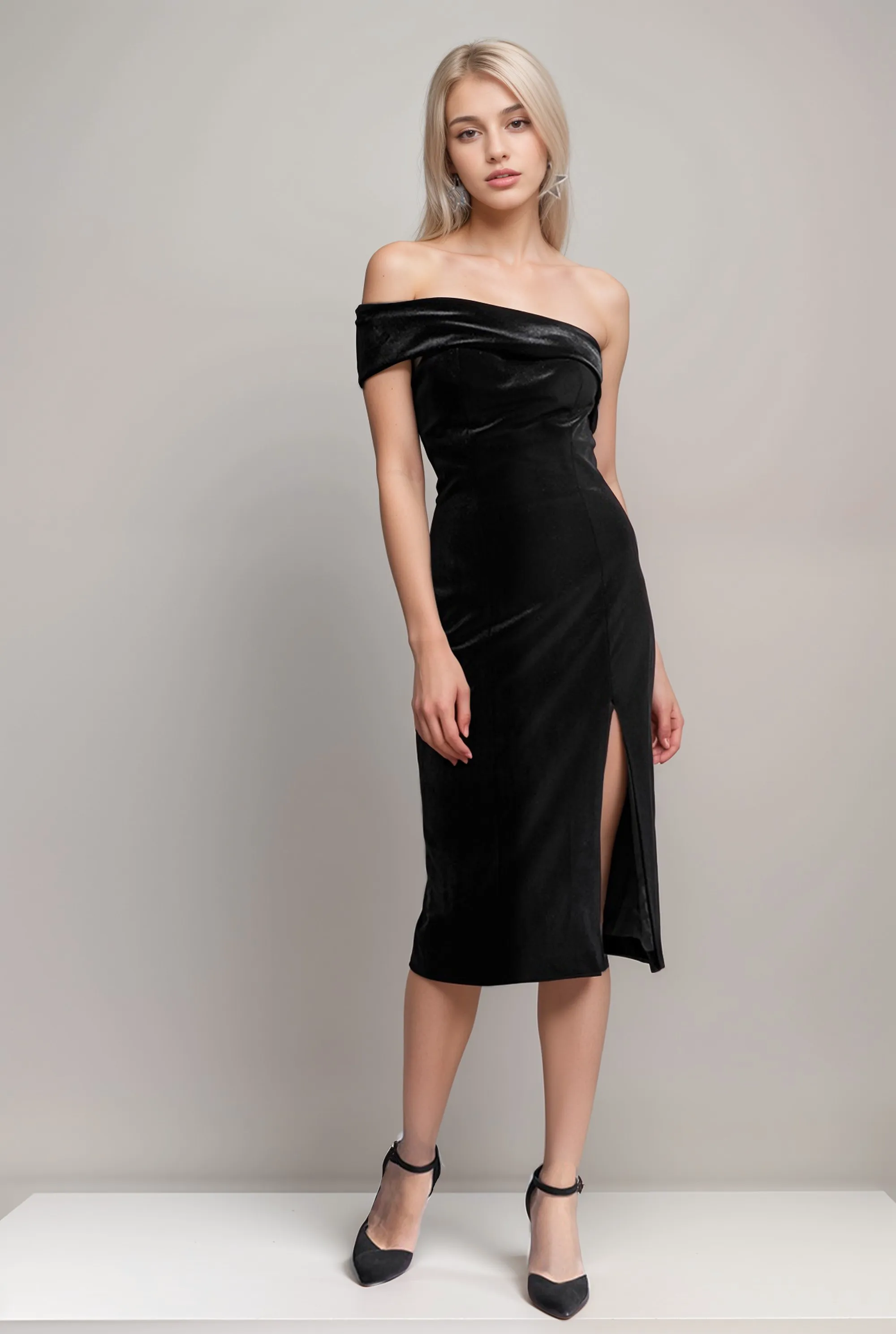 Velvet Asymmetrical Little Black Dress Knee length with Slit
