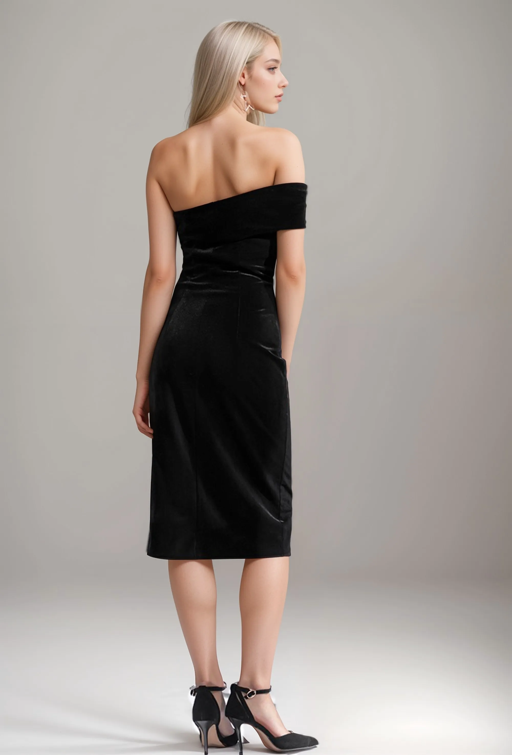 Velvet Asymmetrical Little Black Dress Knee length with Slit