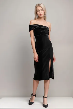 Velvet Asymmetrical Little Black Dress Knee length with Slit
