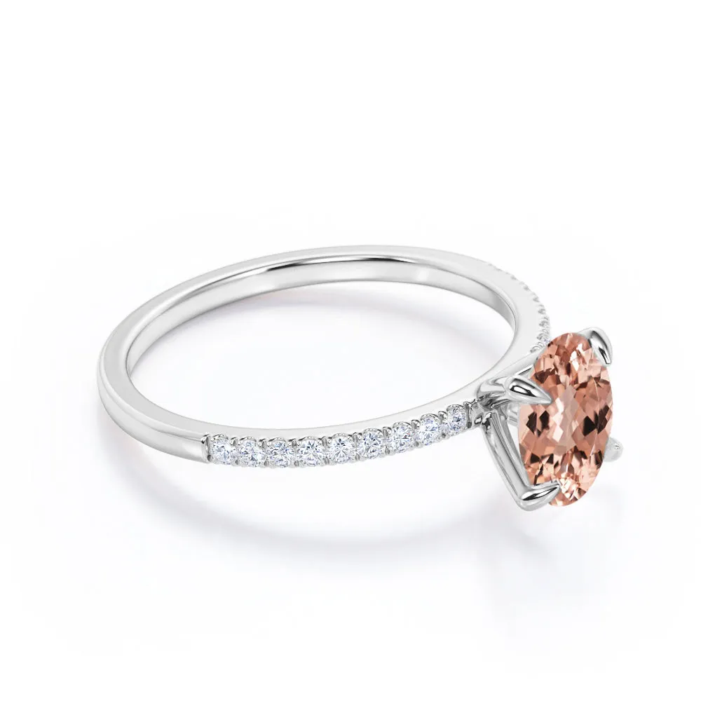 Vertical 1.25 carat Classic Oval cut Peach Pink Morganite Solitaire Engagement Ring in White Gold