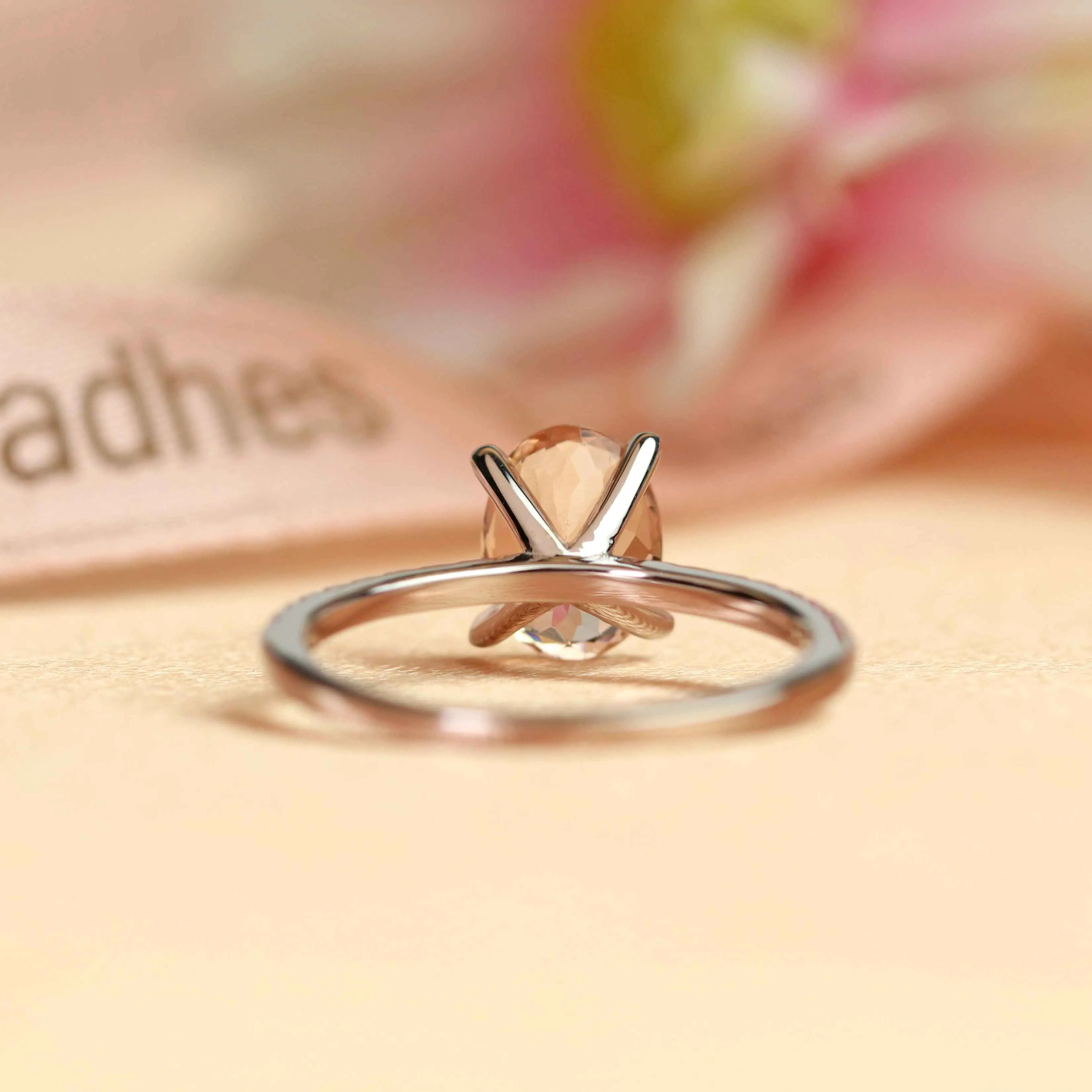 Vertical 1.25 carat Classic Oval cut Peach Pink Morganite Solitaire Engagement Ring in White Gold