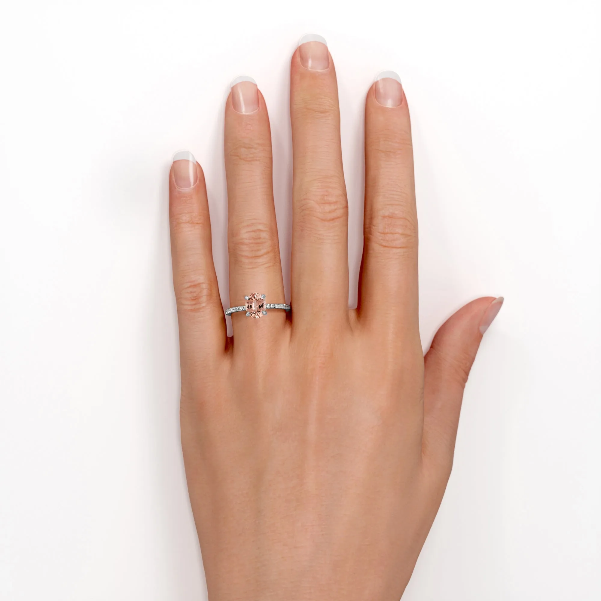 Vertical 1.25 carat Classic Oval cut Peach Pink Morganite Solitaire Engagement Ring in White Gold