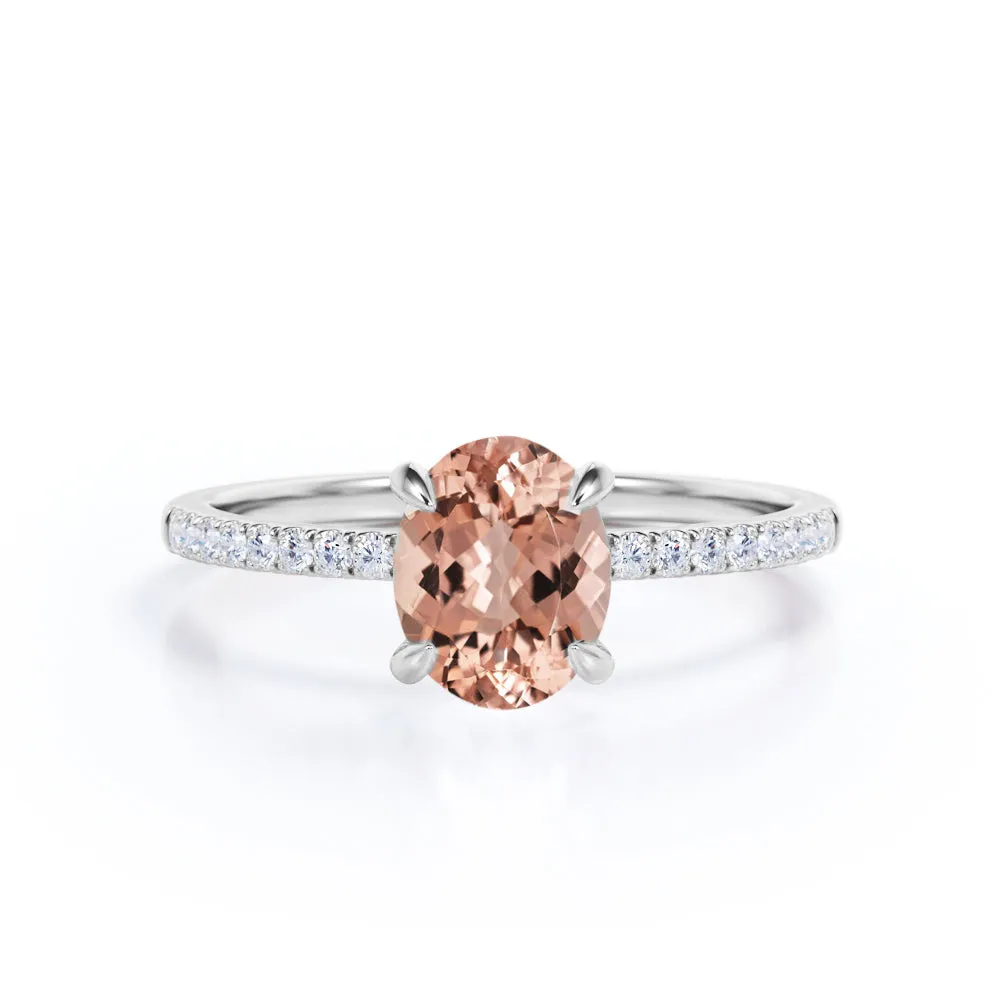 Vertical 1.25 carat Classic Oval cut Peach Pink Morganite Solitaire Engagement Ring in White Gold