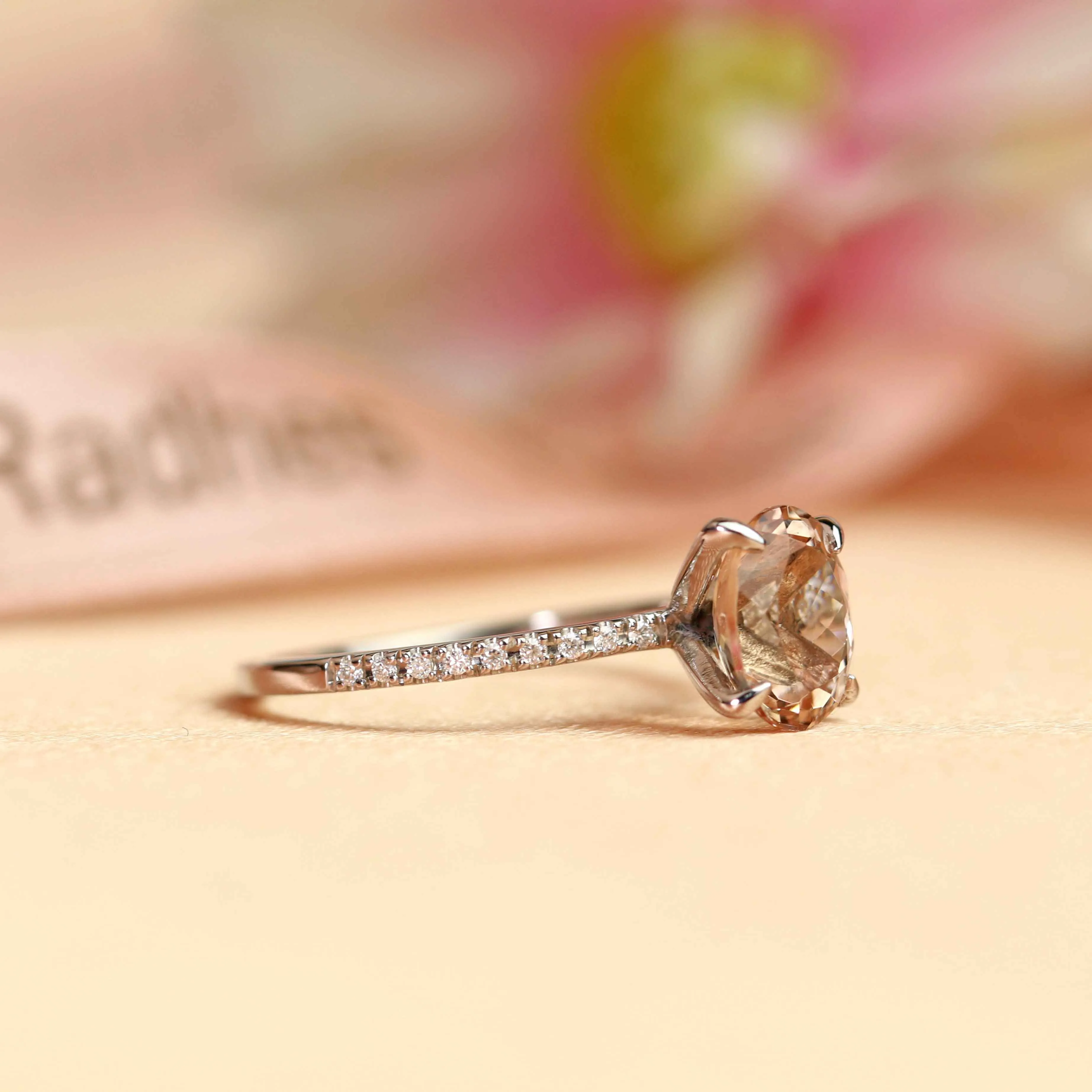 Vertical 1.25 carat Classic Oval cut Peach Pink Morganite Solitaire Engagement Ring in White Gold