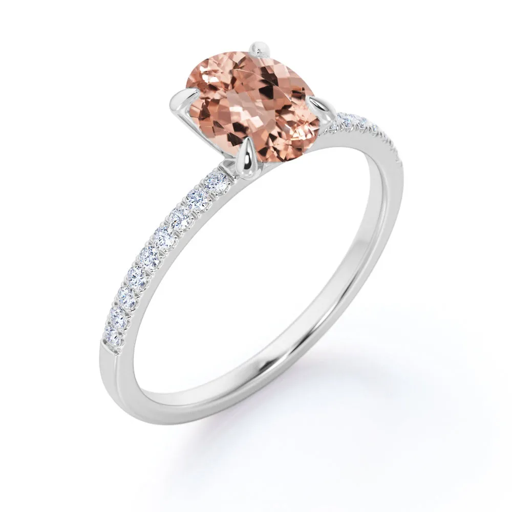 Vertical 1.25 carat Classic Oval cut Peach Pink Morganite Solitaire Engagement Ring in White Gold