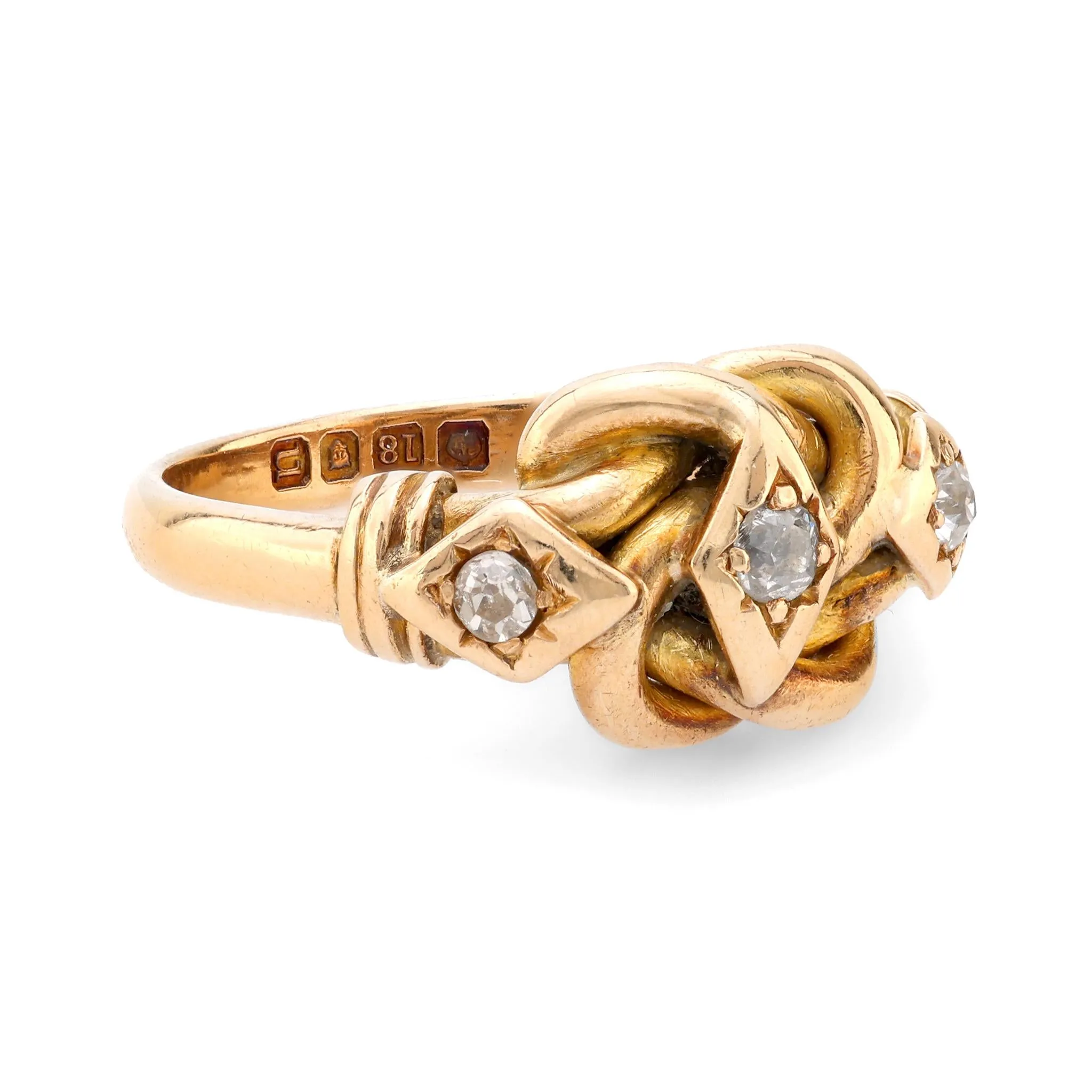 Victorian old mine cut 18k yellow gold three head snake ring