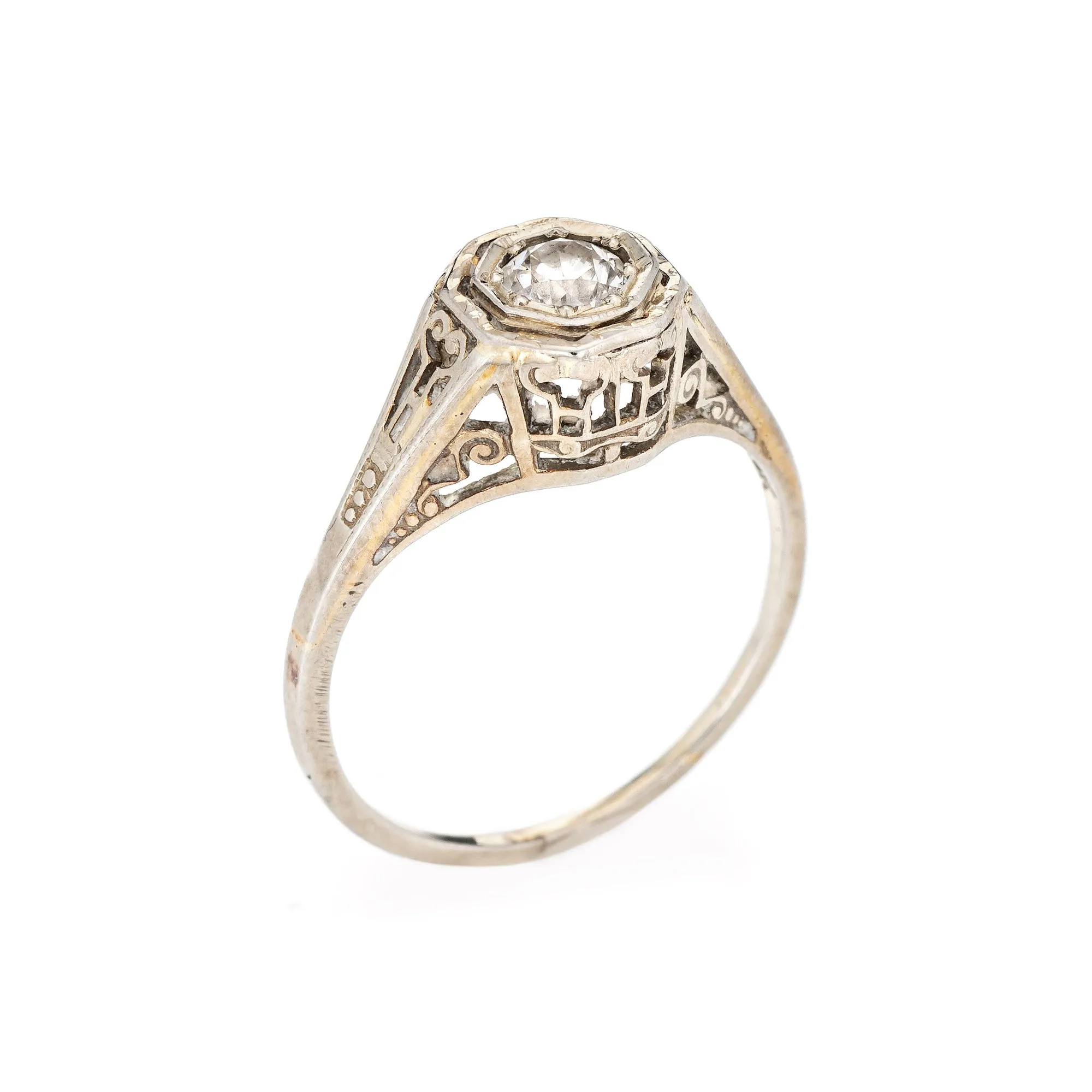 Vintage Art Deco Diamond Ring 18k White Gold Filigree Estate Fine Jewelry 4.75