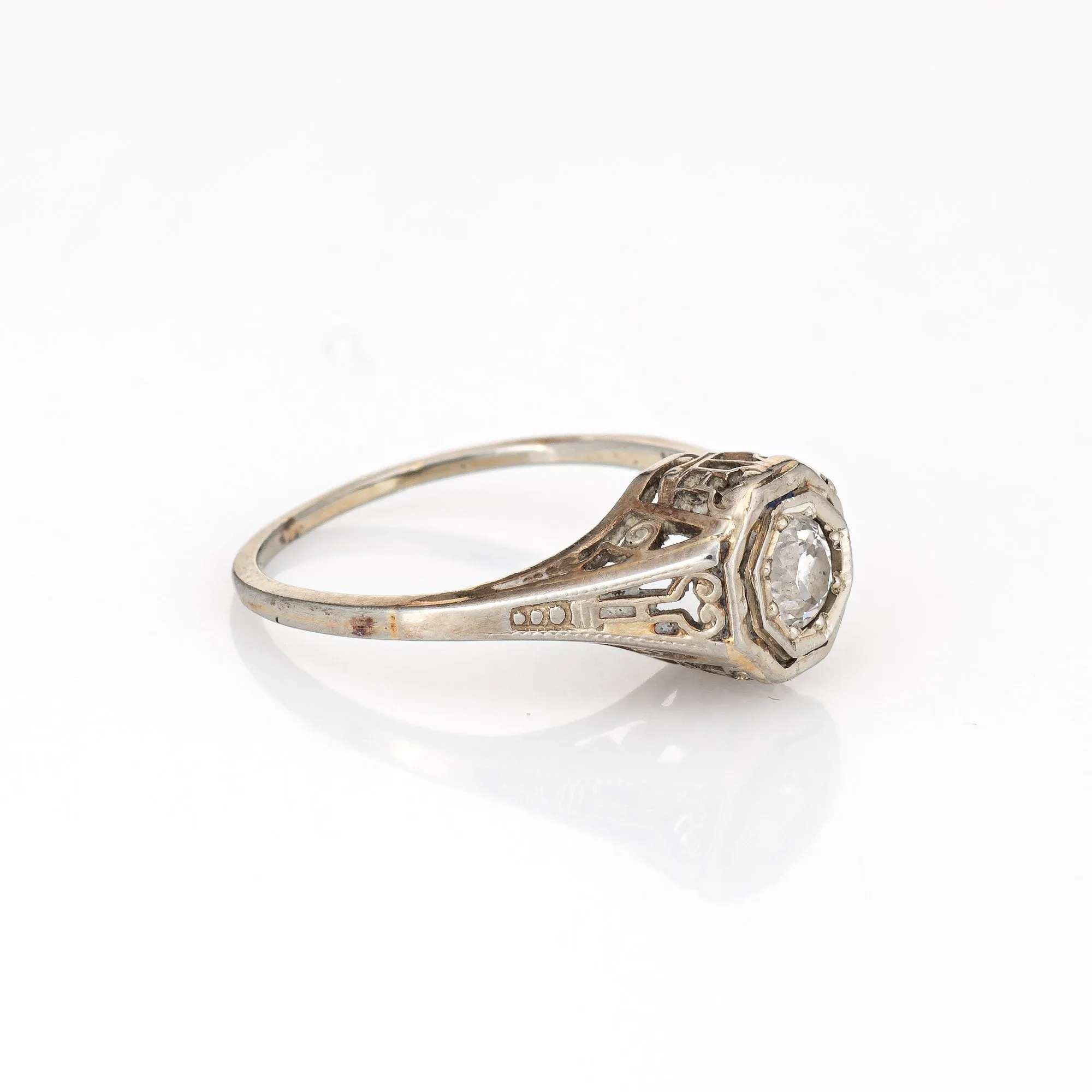 Vintage Art Deco Diamond Ring 18k White Gold Filigree Estate Fine Jewelry 4.75