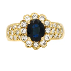Vintage Blue Sapphire and Diamond Cocktail Ring in 18k Yellow Gold