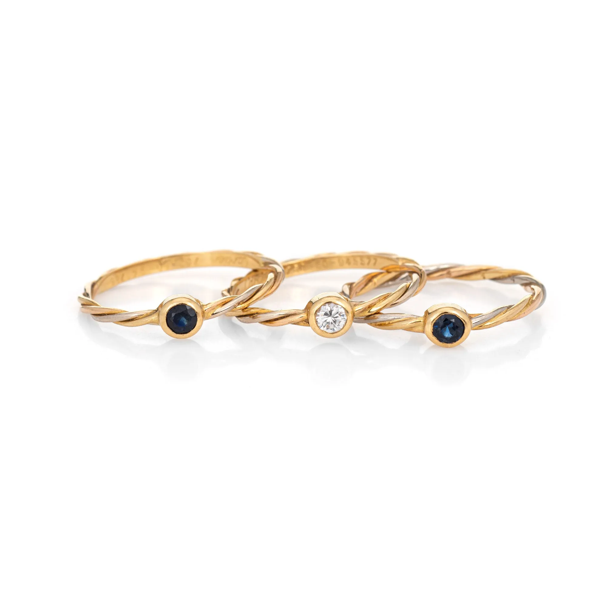 Vintage Cartier Set of 3 Rings Diamond Sapphire 18k Yellow Gold Sz 5 1/4 Jewelry