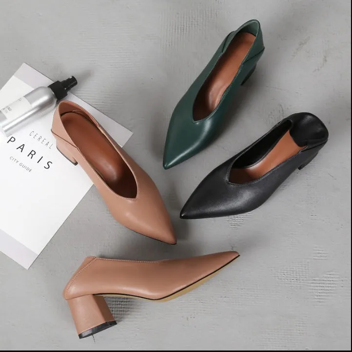 Vintage Pointed Deep V-mouth Women's Thick Heel High Heel Shoes