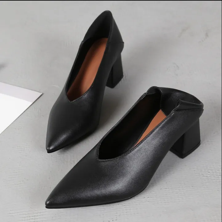 Vintage Pointed Deep V-mouth Women's Thick Heel High Heel Shoes