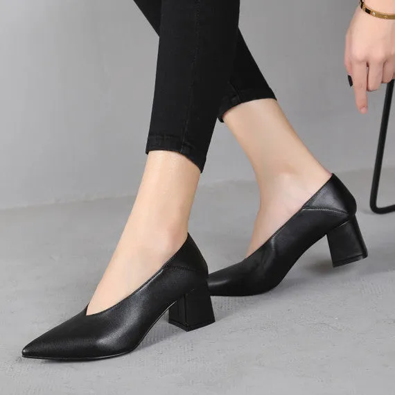 Vintage Pointed Deep V-mouth Women's Thick Heel High Heel Shoes