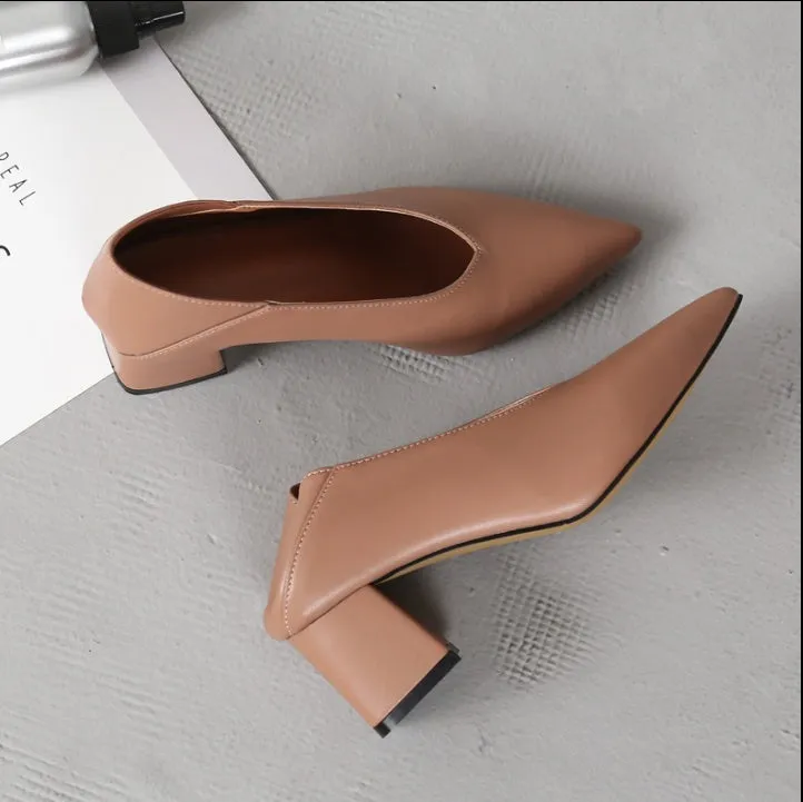 Vintage Pointed Deep V-mouth Women's Thick Heel High Heel Shoes