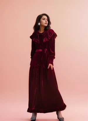Vintage Ruffled Long Sleeve Boat Neck A-Line Velvet Dress with Bow Tie