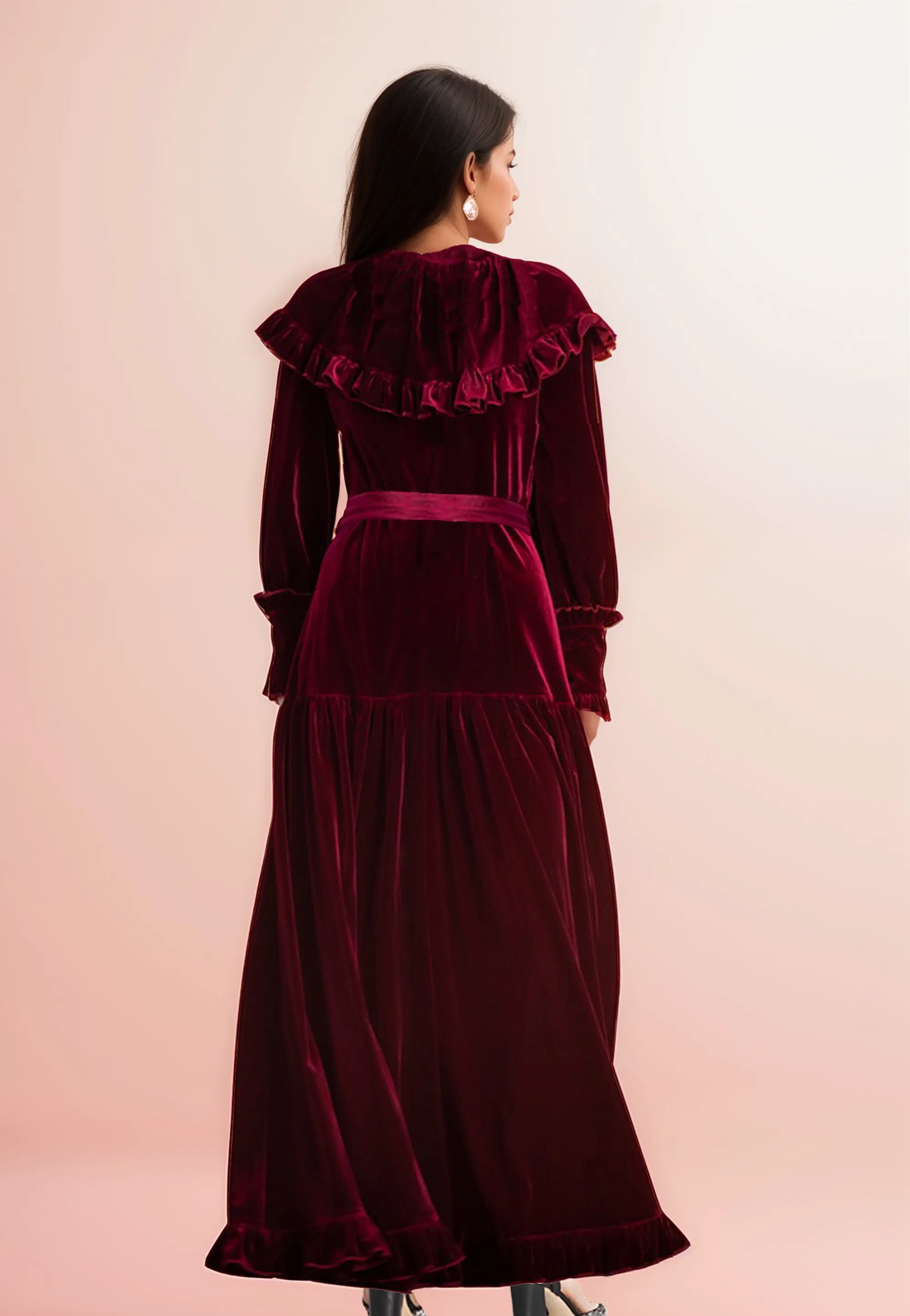 Vintage Ruffled Long Sleeve Boat Neck A-Line Velvet Dress with Bow Tie
