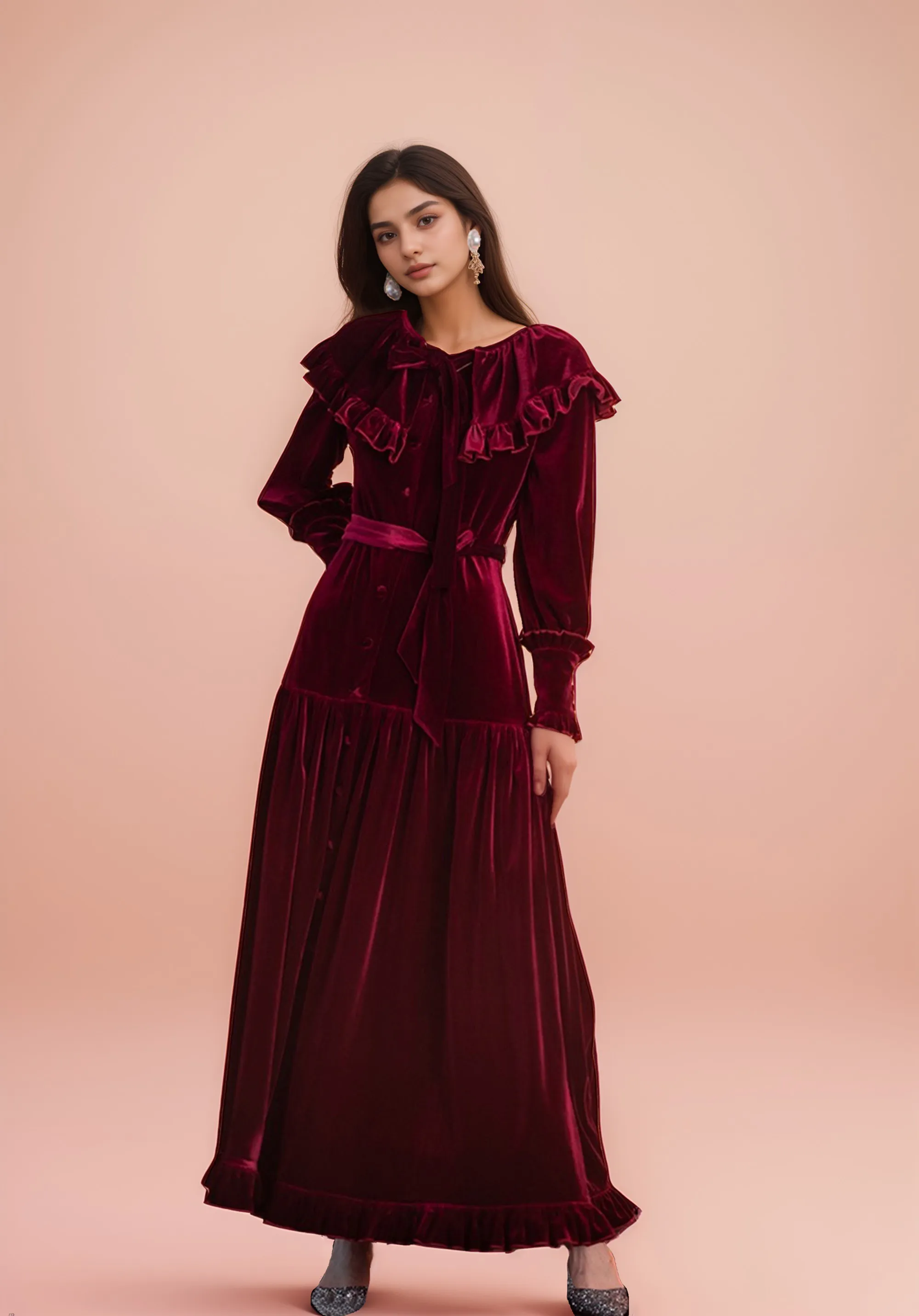 Vintage Ruffled Long Sleeve Boat Neck A-Line Velvet Dress with Bow Tie