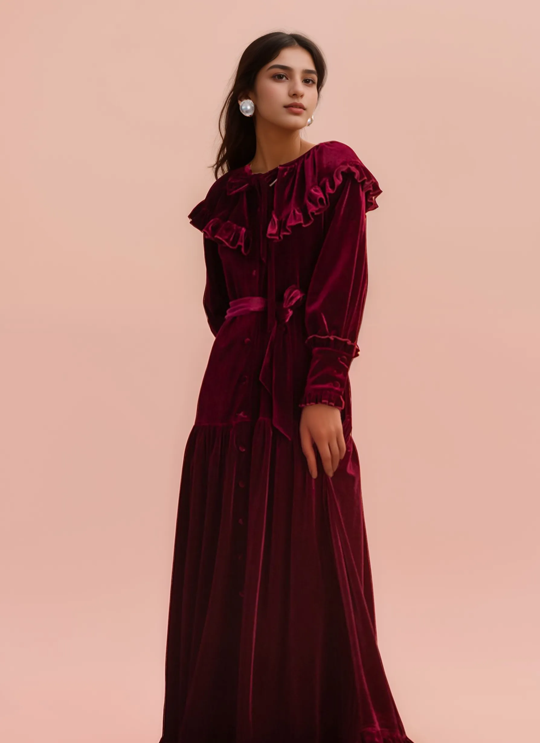 Vintage Ruffled Long Sleeve Boat Neck A-Line Velvet Dress with Bow Tie