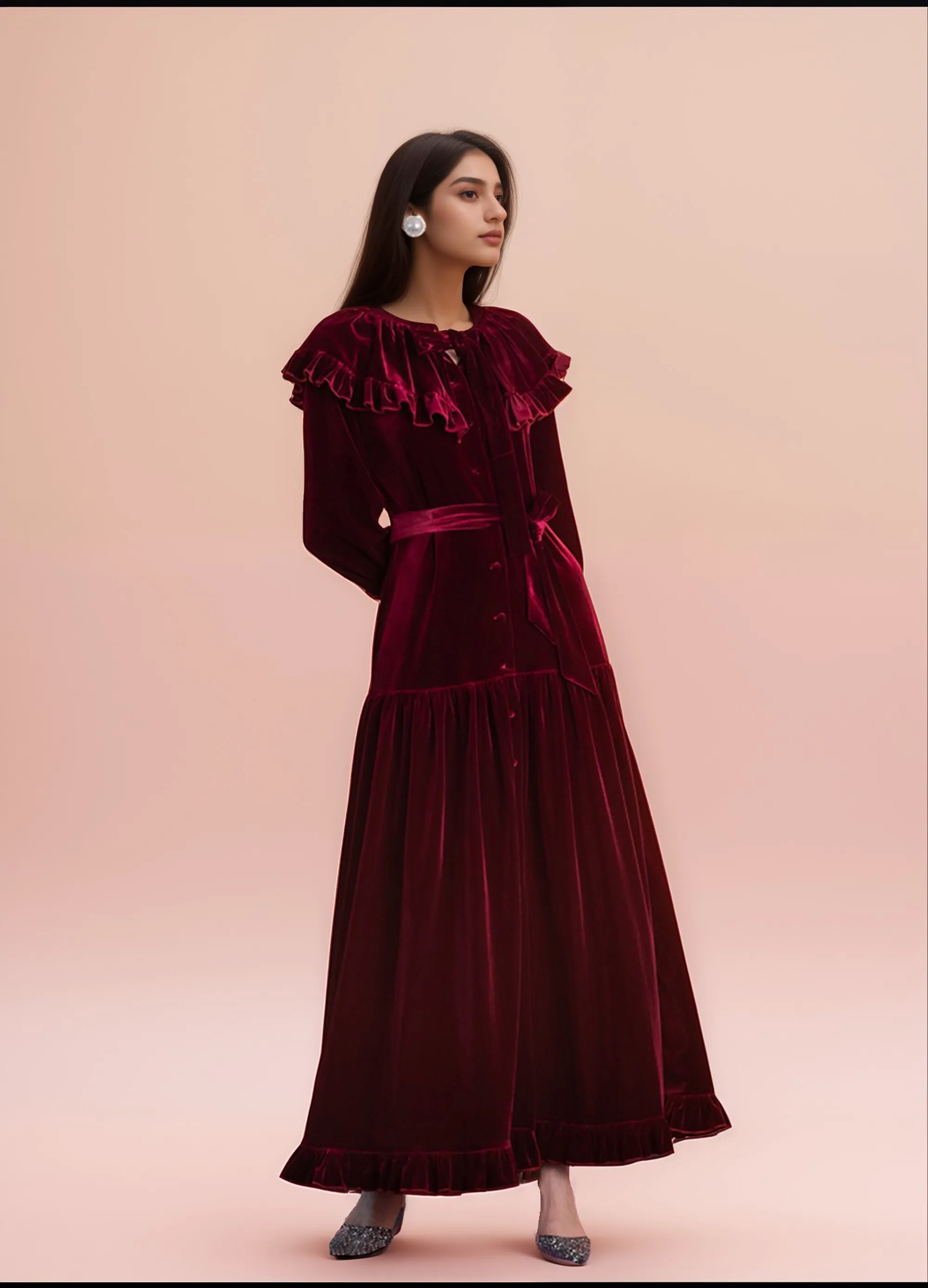 Vintage Ruffled Long Sleeve Boat Neck A-Line Velvet Dress with Bow Tie