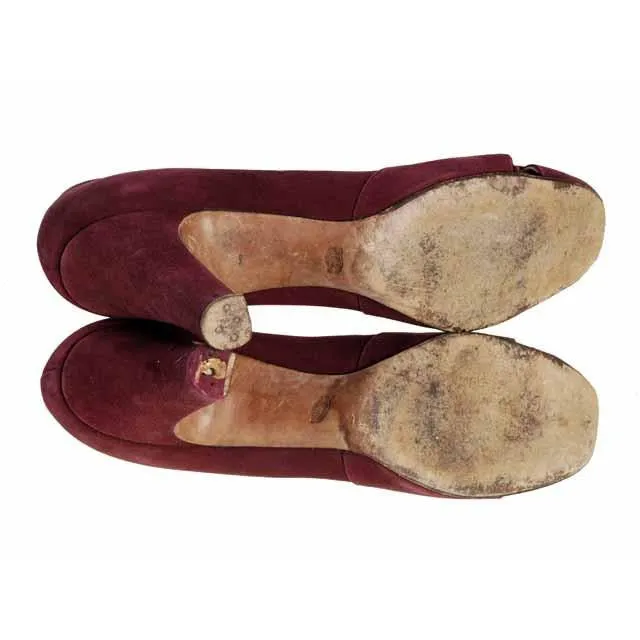 Vintage Womens Shoes Claret Red Suede Newton Elkin Peep Toe Pumps 1930S Size 7