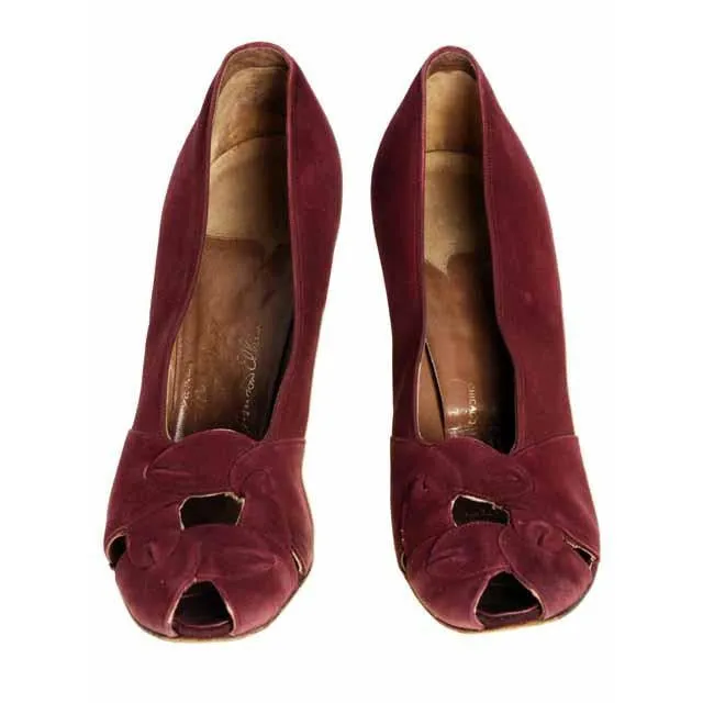 Vintage Womens Shoes Claret Red Suede Newton Elkin Peep Toe Pumps 1930S Size 7