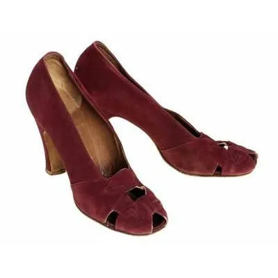 Vintage Womens Shoes Claret Red Suede Newton Elkin Peep Toe Pumps 1930S Size 7