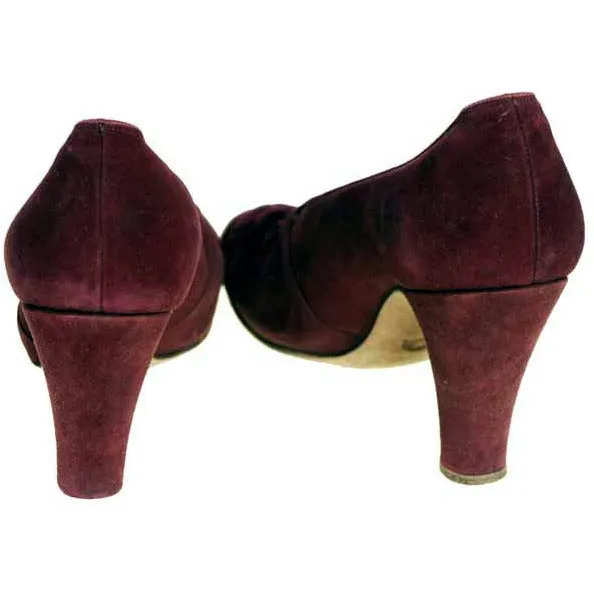 Vintage Womens Shoes Claret Red Suede Newton Elkin Peep Toe Pumps 1930S Size 7