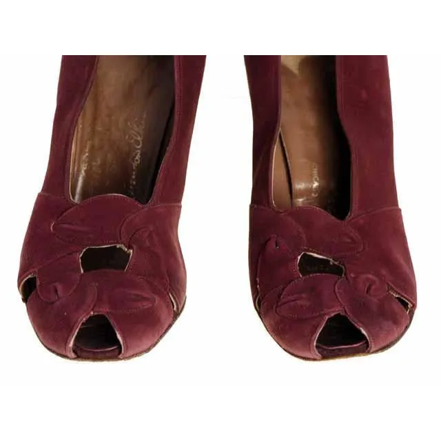 Vintage Womens Shoes Claret Red Suede Newton Elkin Peep Toe Pumps 1930S Size 7