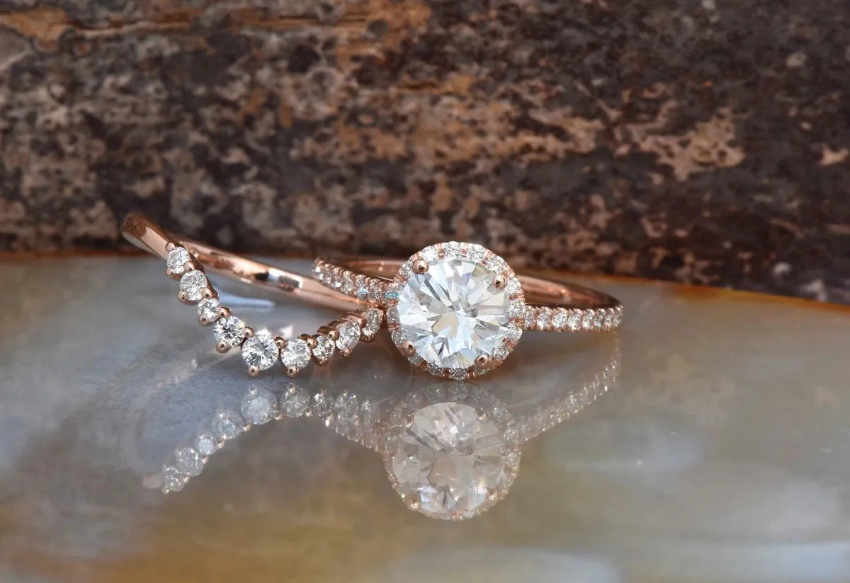 Wedding sets women rings-Rose gold Cluster wedding ring set-Diamond engagement ring vintage-Halo diamond Promise ring