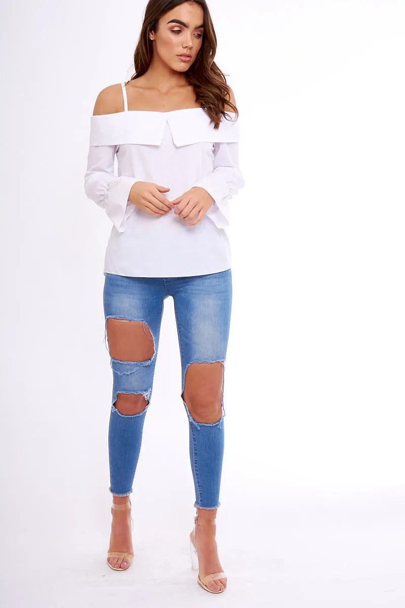 White Bardot Strappy Bell Sleeve Top - Kandice