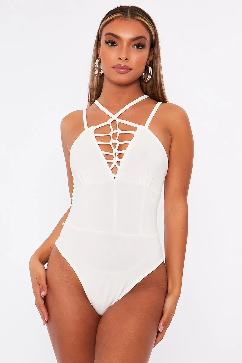 White Lace Up Front Bodysuit - Gea