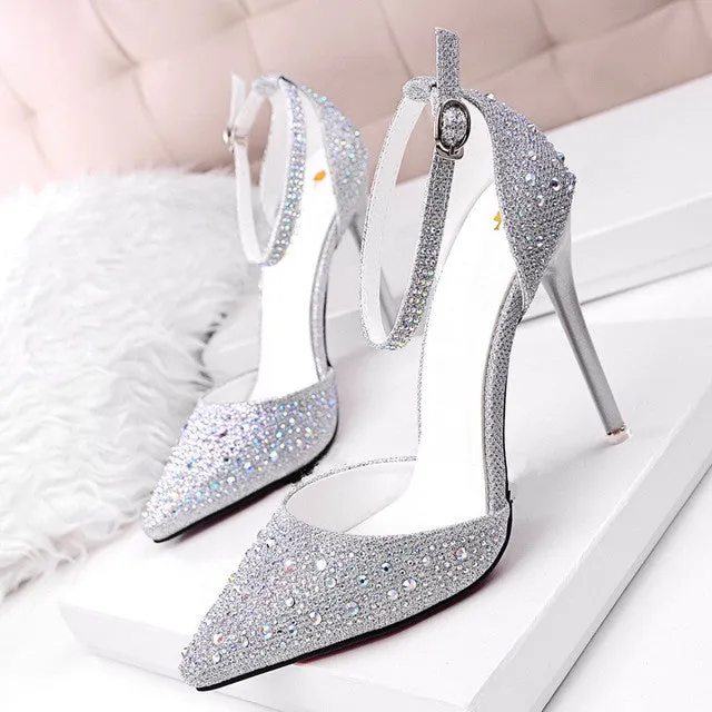 Women Pumps Sandals Rhinestone High-heeled Shallow Mouth