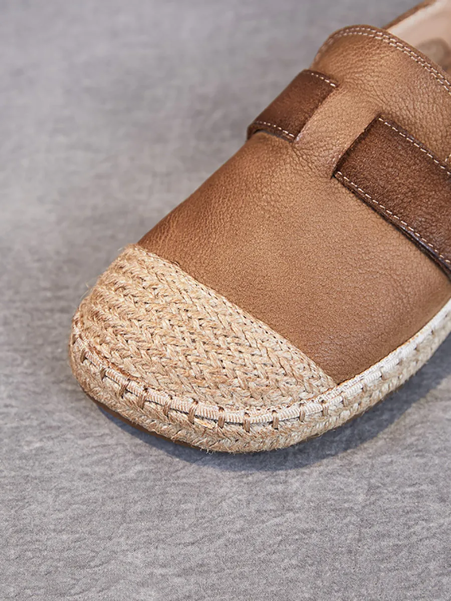 Women Summer Leather Linen Weave Spliced Flat Shoes