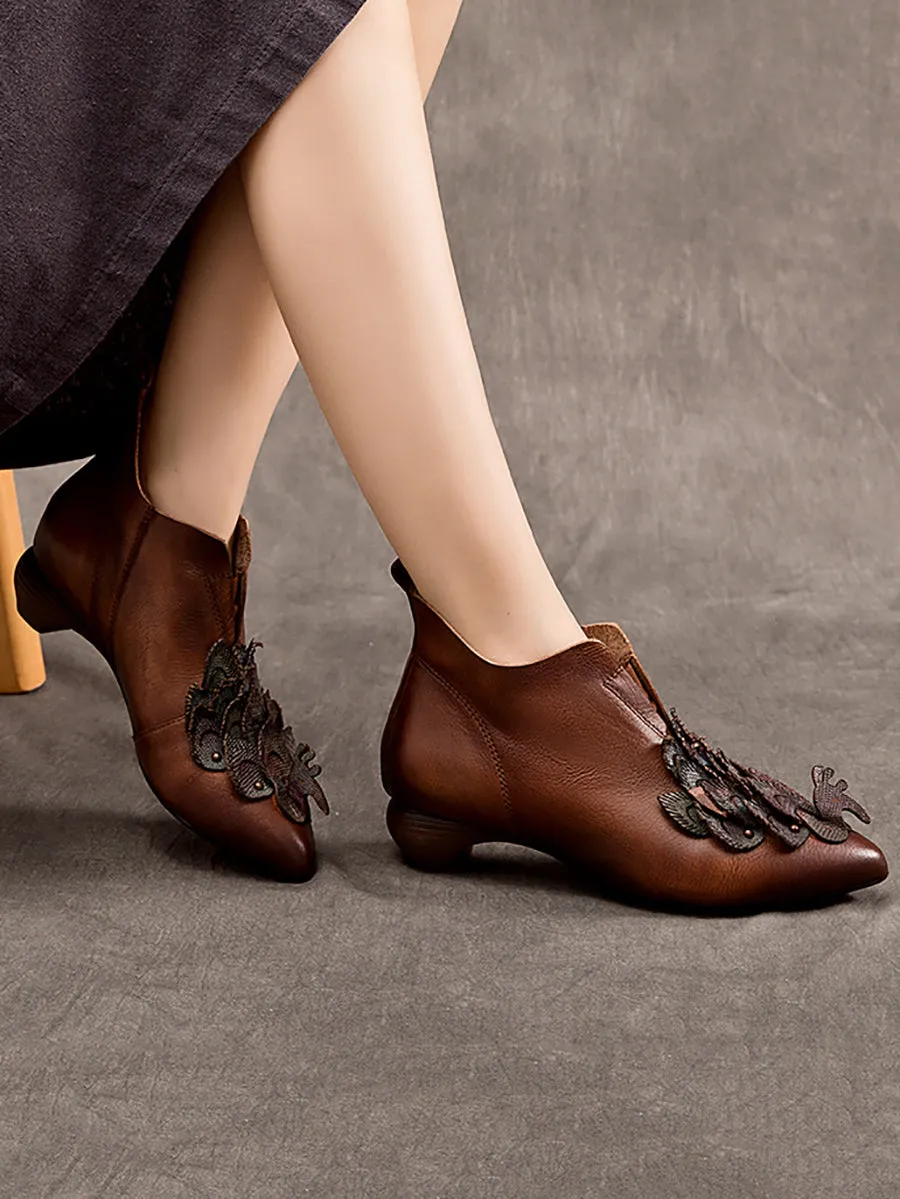 Women Vintage Leather Flower Low Heel Pointed Shoes