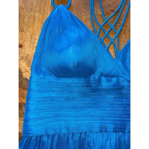 Womens‎ Aidan Mattox Blue Sparkly Spaghetti Strap Long Maxi Gown Dress 6