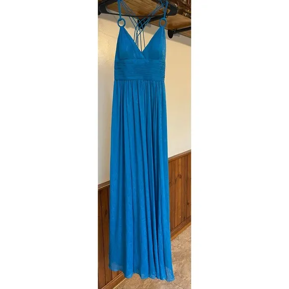 Womens‎ Aidan Mattox Blue Sparkly Spaghetti Strap Long Maxi Gown Dress 6