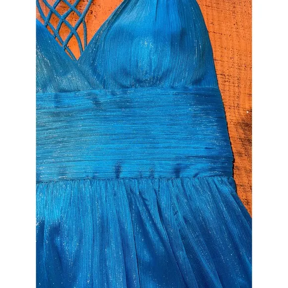 Womens‎ Aidan Mattox Blue Sparkly Spaghetti Strap Long Maxi Gown Dress 6