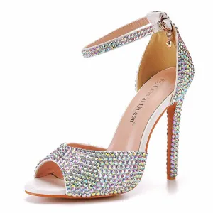 Women's High Heels Dress Rhinestones Open Toe Pumps Shoes  4.33"