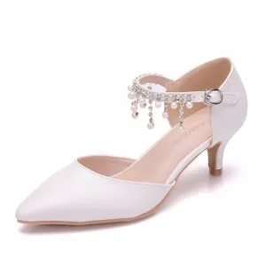 Women's Pointed Toe Ankle Strap Dress Shoes Wedding Party Pump with Pearl