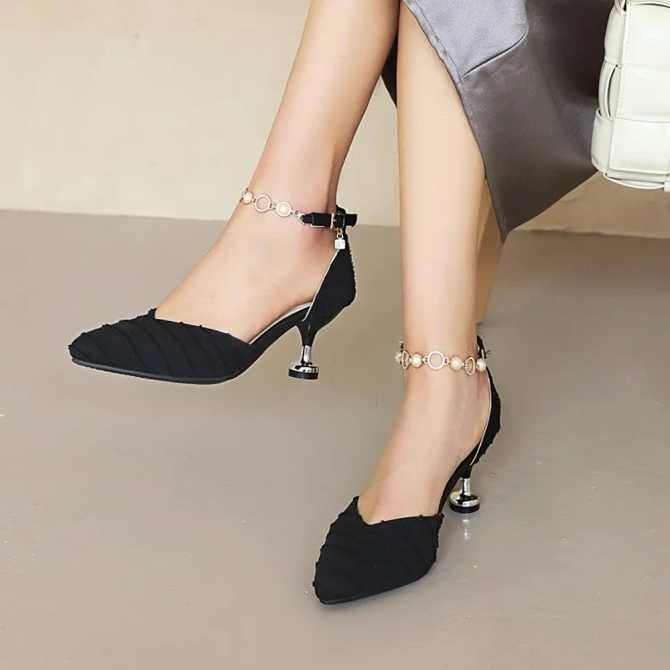 Women's Pointed Toe Hollow Out Metal Pearls Chains Ankle Strap Spool Heel Sandals