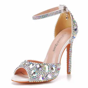 Women's Silver High Heels Dress Rhinestones Open Toe Pumps  4.33"