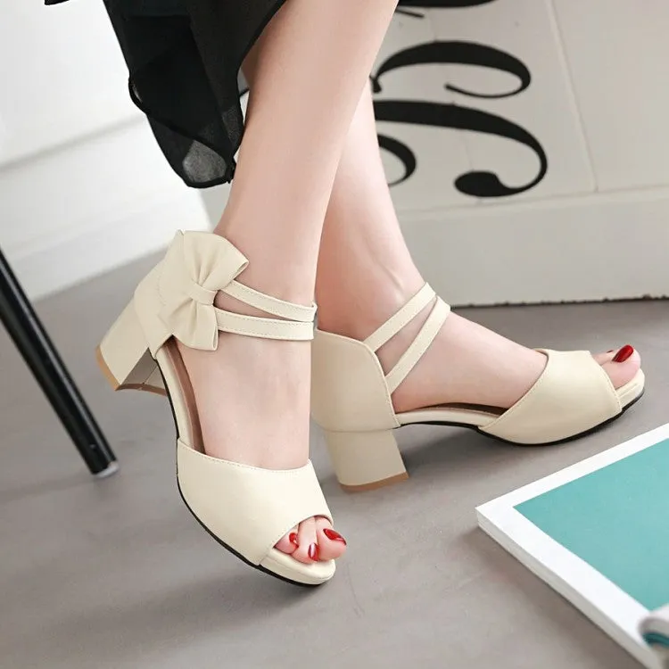 Women's Solid Color Peep Toe Ankle Strap Butterfly Knot Block Heels Sandals