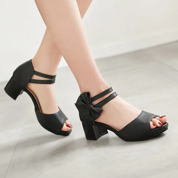 Women's Solid Color Peep Toe Ankle Strap Butterfly Knot Block Heels Sandals