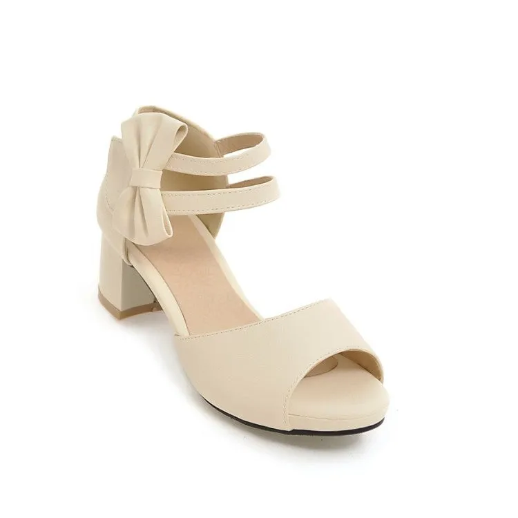 Women's Solid Color Peep Toe Ankle Strap Butterfly Knot Block Heels Sandals
