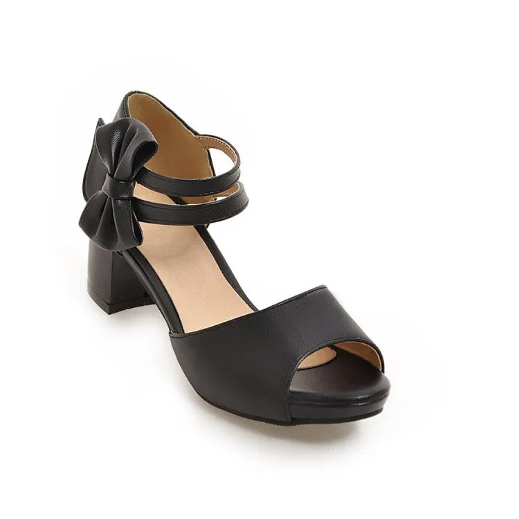 Women's Solid Color Peep Toe Ankle Strap Butterfly Knot Block Heels Sandals